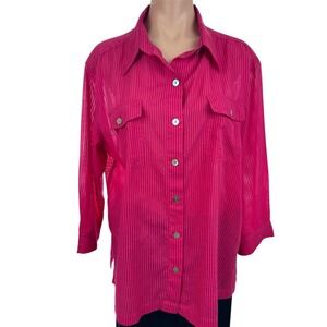 Chico's Sz 3 or XL Button Front Blouse 3/4 Sleeve Rose Red 2 Flap Breast Pockets